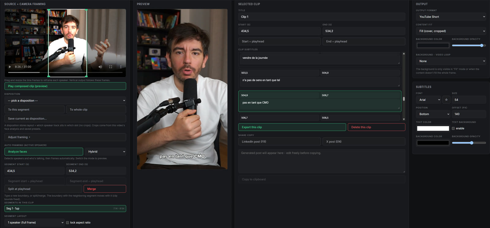 Interface d’un outil qui découpe un direct en formats courts sous-titrés.